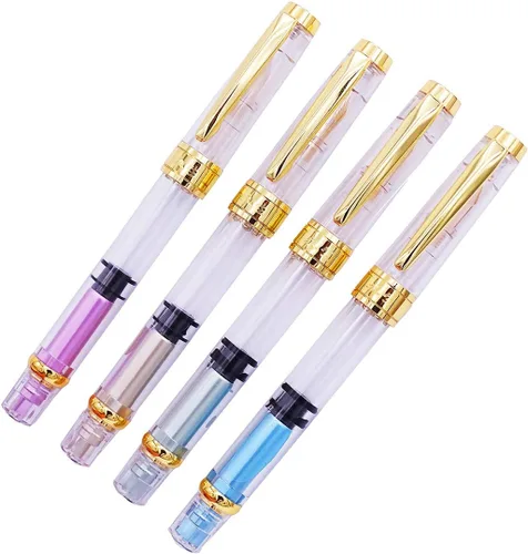 erofa 【Actualizado】 Juego de 4 plumas estilográficas Yongsheng 3008 con pistón transparente con borde dorado extra fino de 0.015 in, bolígrafo de