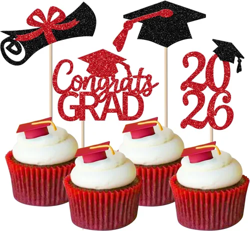 Miniatura 14 de Rsstarxi Paquete de 24 adornos para cupcakes de graduación 2026, con purpurina azul, para la clase de 2026, para diplomas, 24 piezas (6 diseños)