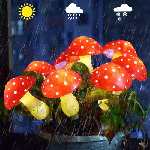 Miniatura 4 de Paquete de 8 luces solares de hongos rojos para decoración de jardín al aire libre