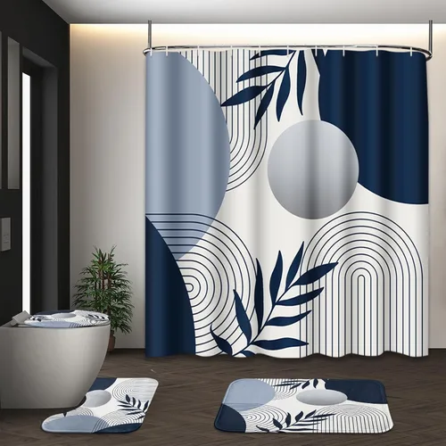 Miniatura 24 de Juego de 4 cortinas de ducha estilo bohemio de mediados de siglo con tapa de inodoro y alfombras antideslizantes, diseño geométrico abstracto negro