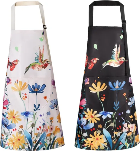 Miniatura 8 de Delantal floral para mujer, paquete de 2 delantales para mujer con bolsillos, delantales de cocina impermeables para cocinar, hornear