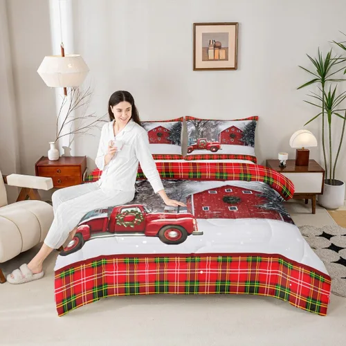 Miniatura 33 de Juego de edredón de Feliz Navidad para niños, tamaño twin, juego de ropa de cama de camión rojo árboles de pino copos de nieve, decoración