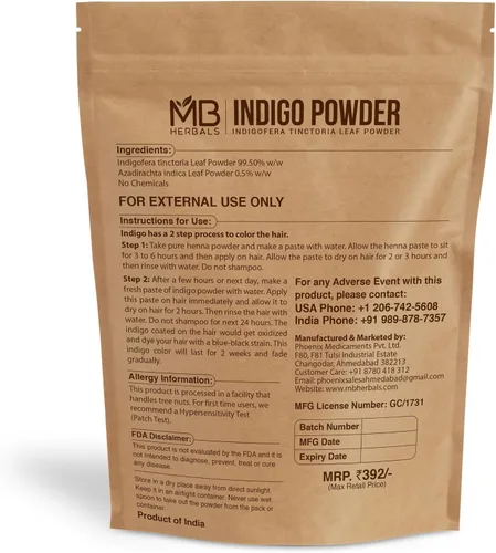 Miniatura 2 de MB Herbals Polvo índigo de 8 onzas / 8.01 oz (0.5 libras) Índigo 100% puro cultivado orgánicamente de Tamilnadu India Sin conservantes sin