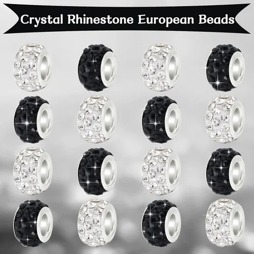 Miniatura 5 de Hicarer 200 cuentas europeas de diamantes de imitación de 0.394 pulgadas (0.433 in), cuentas espaciadoras de agujeros grandes para bricolaje blanco