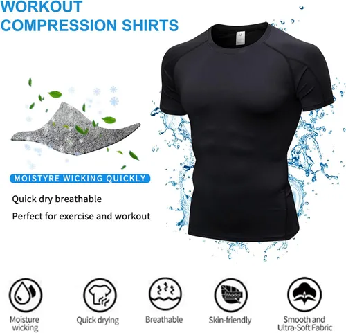 Miniatura 6 de Camisetas de compresión para hombre, de manga corta, para entrenamiento, gimnasio, correr, secado fresco, deportes, capa base, atléticas, camisetas