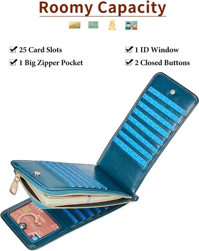 Miniatura 3 de FOXLOVER Portatarjetas de crédito múltiples para mujer, con bloqueo RFID, cartera de cuero para mujer con bolsillo con cremallera, Azul