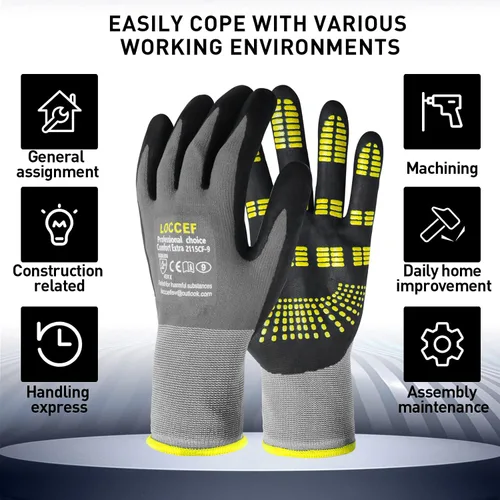 Miniatura 5 de LOCCEF Guantes de trabajo de seguridad con revestimiento de nitrilo de microespuma - 6 pares, nylon sin costuras de resistencia, puntos en la palma