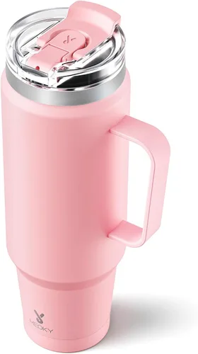 Miniatura 11 de Meoky - Vaso de 32 onzas con asa, taza de viaje de acero inoxidable con pajilla y tapa 2 en 1, taza de café con aislamiento al vacío, 100% a prueba