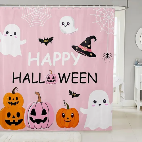 Miniatura 11 de Cortina de ducha de tela de unicornio de Halloween, misteriosa cortina de ducha de flores de castillo estrellado para baño, cortina de ducha
