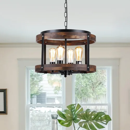 Miniatura 9 de Lámpara colgante de madera rústica de granja con cadena ajustable de una sola luz de madera de roble y farol de metal, iluminación colgante pequeña