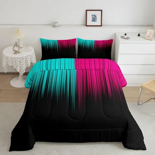 Miniatura 22 de Feelyou Juego de edredón geométrico degradado para adolescentes, tamaño individual, para niños y mujeres, azul, rojo y negro, juego de ropa de cama