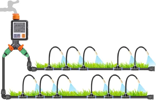 Sistema de riego automático de jardín curvado de 360°, boquillas de nebulización ajustables Boquilla de cobre atomizador, con temporizador