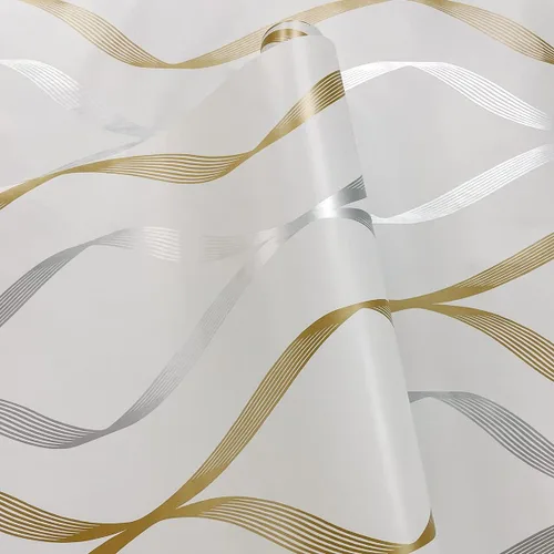 Miniatura 2 de NextWall Ogee Ribbon - Papel tapiz autoadhesivo (plateado y dorado)