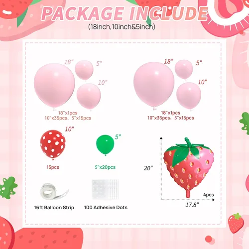 Miniatura 2 de JOGAMS Kit de arco de globos de fresa, globos rojos de fresa con lunares para baby shower, suministros de fiesta de cumpleaños para niña