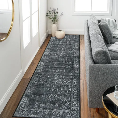 Morebes Alfombra vintage negra para pasillo, 2.5 x 8 pulgadas, lavable, floral, antideslizante, envejecida, para interiores, cocina, baño,