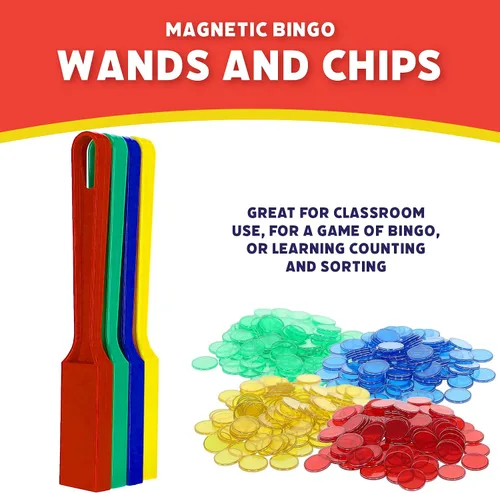 Miniatura 2 de POPULAR PLAYTHINGS Varitas magnéticas de bingo con 400 fichas de metal, juego de 4 varitas coloridas para juegos de aula, actividades educativas