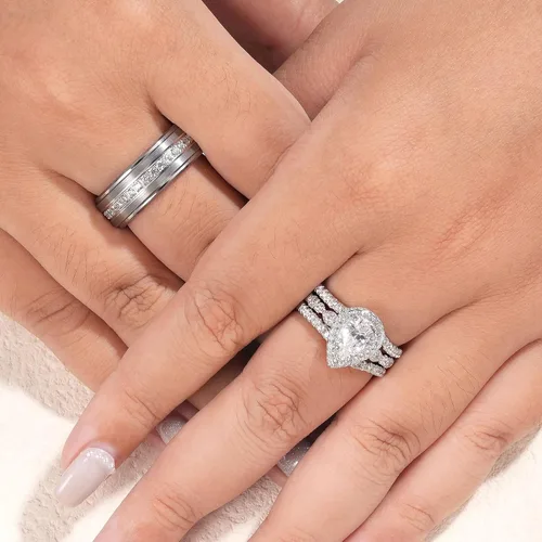Miniatura 9 de Newshe Jewellery Juego de anillos de boda para él y ella, anillos de promesa AAAAA para parejas, mujeres, hombres, banda en forma de pera, talla 5-13
