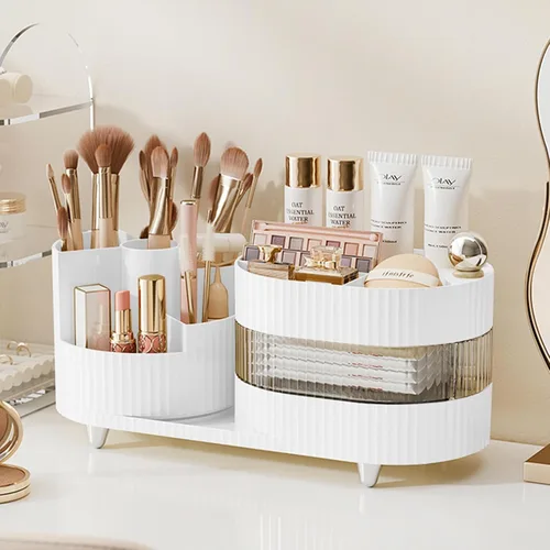 Miniatura 15 de COMFYROOM Organizador de maquillaje para tocador con soporte para brochas, organizador de maquillaje cosmético de 3 capas, organizador de maquillaje