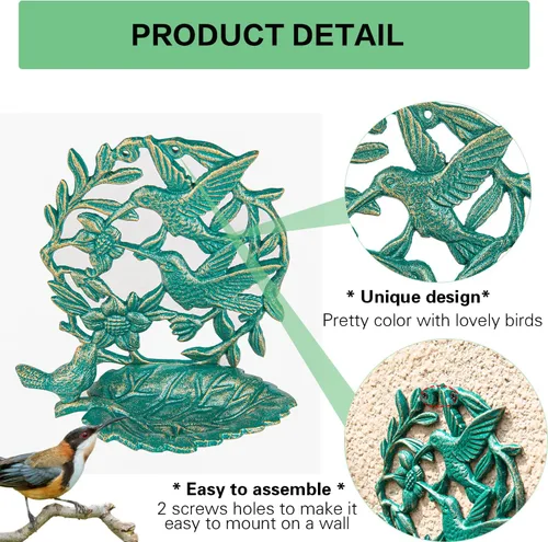 Miniatura 5 de Sungmor Comedero para pájaros de hierro fundido montado en la pared, lindo comedero para colibríes, pequeño baño de agua, comedero para pájaros