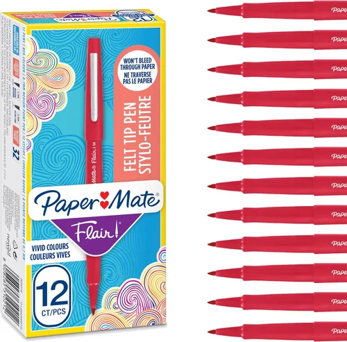 Paper Mate Flair Bolígrafos con punta de fieltro | Punta media (0.7 mm) | Bolígrafos rojos | para escribir, marcar, dibujar y hacer bocetos | 12