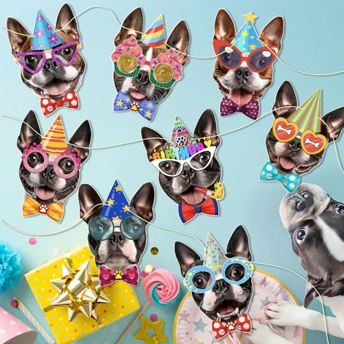 Miniatura 2 de Guirnalda de cumpleaños para perro Boston Terrier, pancarta de cumpleaños con caras fotográficas de Boston Terrier, decoración divertida de fiesta