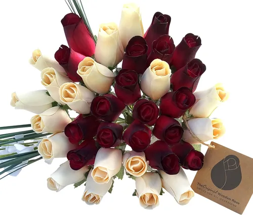 Miniatura 12 de Rojo con puntas negras y ramo de rosas de madera blanca (2 docenas)