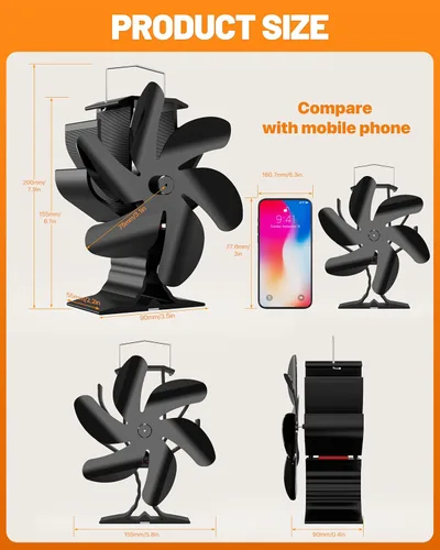 Miniatura 2 de HIDALIFE Ventilador de estufa de leña de 6 aspas con potencia de calor, ventilador para chimenea, soplador térmico con termómetro magnético