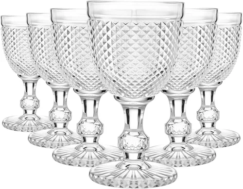 Miniatura 7 de Bokon Juego de 6 copas de vidrio ámbar de 10 onzas de alto transparente, copas de agua vintage, diseño de diamante en relieve, cristalería con tallo