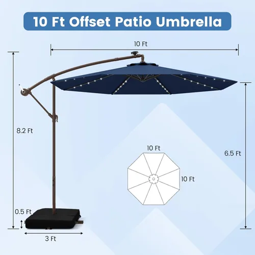 Miniatura 4 de Tangkula Sombrilla de patio de 10 pies con base incluida, sombrilla voladiza para exteriores con 40 luces LED solares, ajuste de inclinación, mango