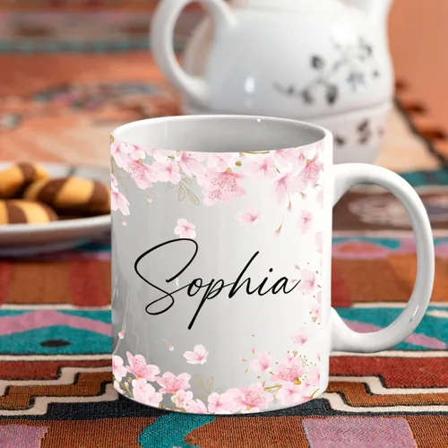 Miniatura 2 de Taza de café personalizada con nombre de flor de cerezo, taza de café blanca de flor de cerezo, taza de viaje de flor de cerezo, regalo