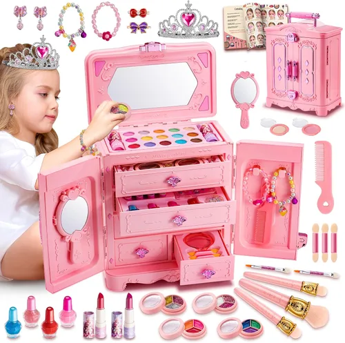 Juego de 66 piezas de maquillaje para niñas – Juego de juguetes de maquillaje lavables para disfrazarse – Juego de tocador de maquillaje de belleza