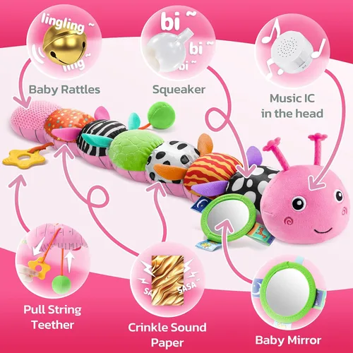 Miniatura 3 de HEMRLY Juguete sensorial para bebé de 0 a 6 meses, peluche musical de oruga con mordedor, arrugado, sonajero, espejo de bebé para el tiempo boca Rosa