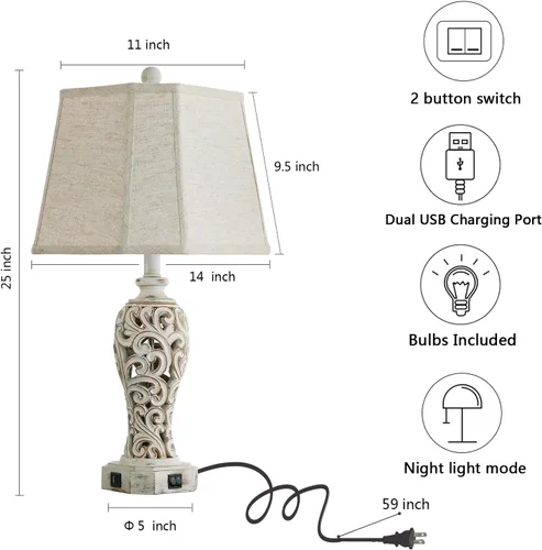 Miniatura 5 de Lámpara de mesa de granja de 25 pulgadas para sala de estar y dormitorio, lámpara de noche de diseño rústico vintage con 2 puertos USB y luz