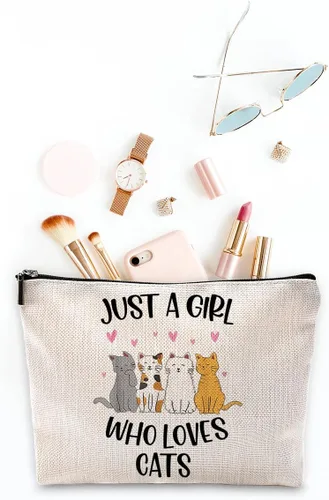 Miniatura 3 de Sufamb Just A Girl Who Loves Cats Bolsa de maquillaje, bonita bolsa de cosméticos de gatos de dibujos animados para mujeres y niñas, regalos