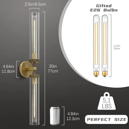 Miniatura 5 de Aplique de pared de baño de 30", apliques de pared de latón con cableado fijo, aplique de pared dorado regulable, apliques lineales moleteados