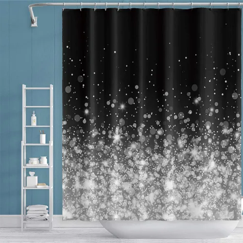 Miniatura 2 de Cortina de ducha de puntos brillantes de 60 x 72 pulgadas, hermosa noche romántica de ensueño, arte blanco y negro, estilo femenino, tela