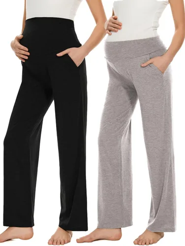 Miniatura 12 de Ecavus Pantalones de maternidad anchos y rectos para mujer, versátiles, cómodos, palazzo, elásticos, con bolsillos