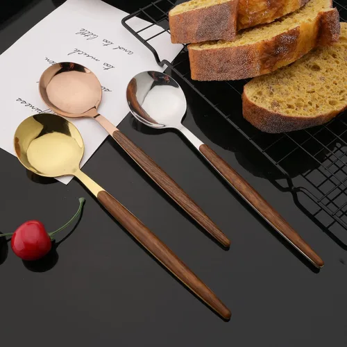 Miniatura 8 de JASHII Juego de cubiertos con mango de madera, 20 piezas de cubiertos de acero inoxidable, pulido con espejo, juego de cucharas y tenedores