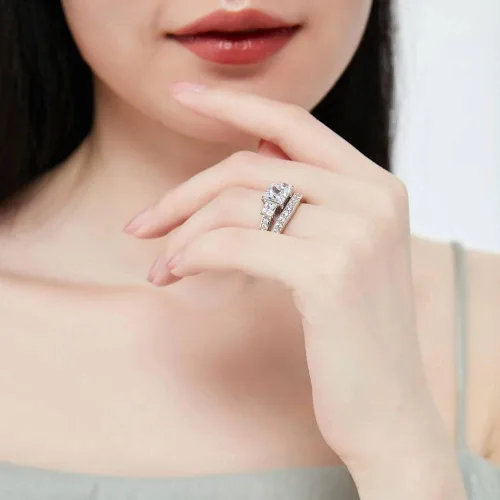 Miniatura 9 de BERRICLE Juego de anillos de compromiso de boda de plata de ley de 3 piedras con circonita cúbica de corte princesa para mujer, chapado en rodio
