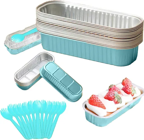 Miniatura 10 de Juego de 12 mini moldes para pan con tapas y cucharas, 200 ml, desechables, rectangulares, de aluminio con papel de aluminio, para hornear pasteles