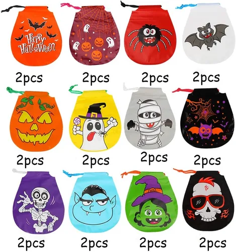 Miniatura 4 de CCINEE 24 bolsas de golosinas con cordón, 12 estilos de bolsas de golosinas de Halloween para niños, suministros de fiesta de truco o trato