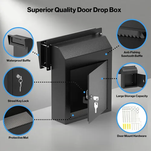Miniatura 5 de Pochar Buzón resistente a la lluvia para puerta, buzón de acero galvanizado resistente a la intemperie para llaves, depósito, pago, correos – a