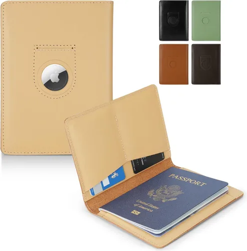 Funda de cuero de grano completo para pasaporte AirTag para hombres y mujeres, soporte para pasaporte con ranura para AirTag para pasaporte,
