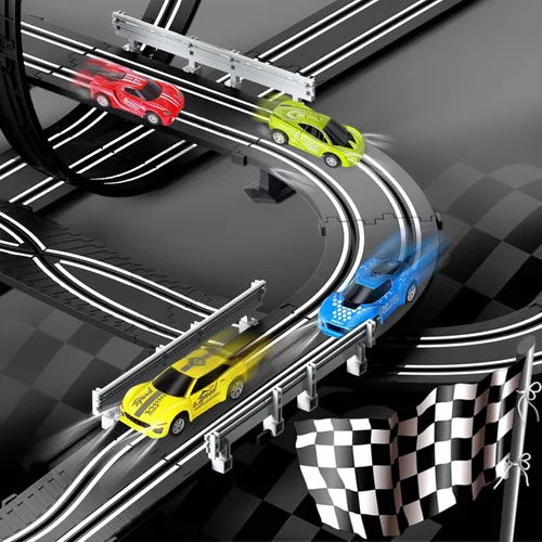 Miniatura 5 de Juegos de pista de carreras de coches de ranura para niños, batería o pista de carreras eléctrica con 4 coches de ranura de alta velocidad y 2