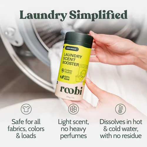 Miniatura 6 de Perlas de refuerzo de aroma para ropa sostenibles Roobi. Perlas de fragancia Linen Breeze para lavandería. Hasta 20 ciclos de lavado. Carbono