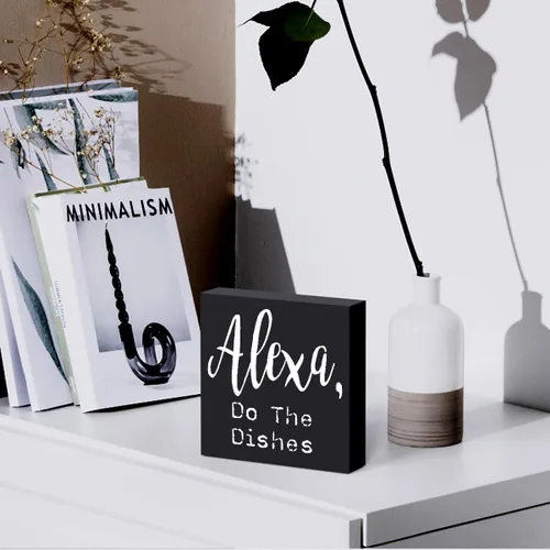 Miniatura 5 de Placa de madera graciosa para cocina, signo de caja de madera Alexa Haz los platos, signo de caja de madera de arte rústico para estante de casa