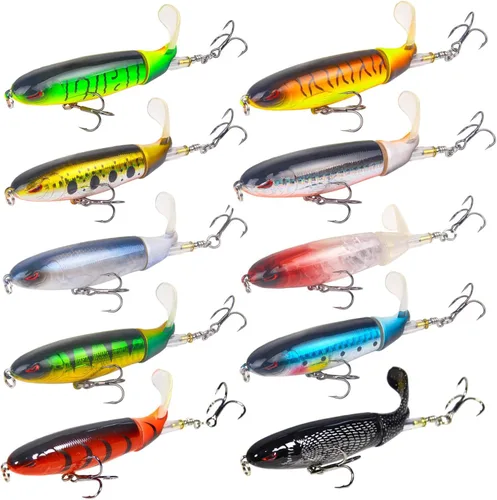 10Pcs Whopper Señuelo de pesca para lubina señuelos de popper de agua superficial con cola flotante giratoria, anzuelos de triple barba en kit de