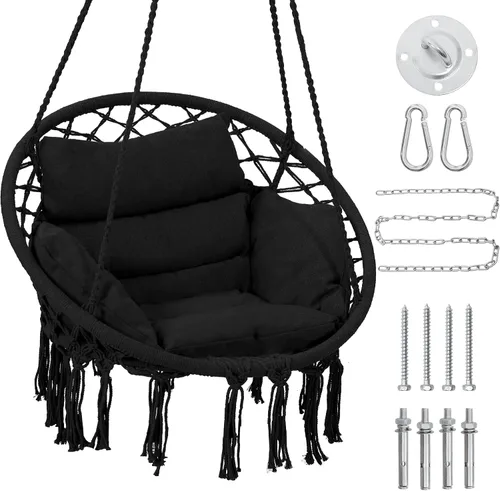 Miniatura 8 de KROFEM Hamaca Silla Colgante Oscilante de Macramé con Cojín de Gran Tamaño, Perfecta para Dormitorio, Porche, Niños, Adultos, Balcón, Beige