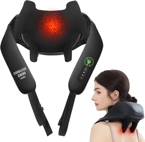 MASGRE Masajeador Shiatsu de cuello y espalda con calor, masajeador de hombros inalámbrico mejorado de 2600mAh de amasamiento profundo 6D, almohada