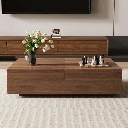 Miniatura 5 de Mesa de centro expandible de mediados de siglo con almacenamiento – Mesa central ajustable de 47.2"-81.9" para la sala de estar, acabado en madera